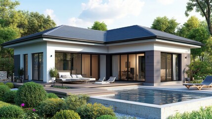 Fototapeta premium Single-story L-shaped home with a spacious 160 sq. m. interior, offering 3 bedrooms, 2 bathrooms, and a fully equipped kitchen.