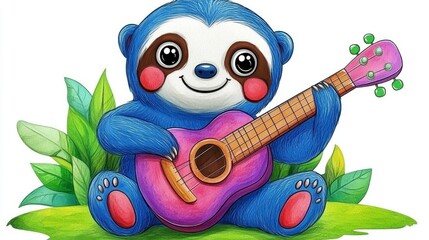 Fototapeta premium Cute Cartoon Sloth Playing Guitar Surrounded by Green Foliage