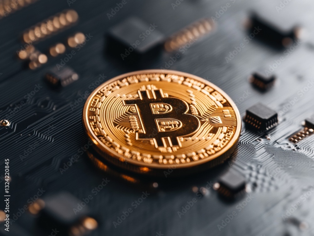 Aufkleber Web3 Future Unveiled Luminous Bitcoin Icon on Cutting-Edge Circuit Landscape - Blockchain Innovation and Fintech Digital Transformation Catalyst