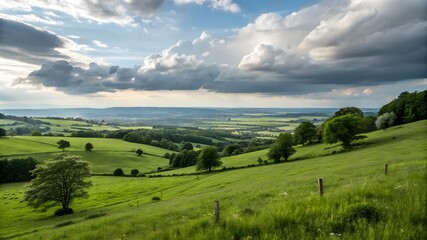 Fototapeta premium A serene green field dotted with trees under a bright sky filled with fluffy clouds, showcasing nature's beauty