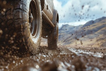 Vibrant Color Image of CloseUp of Offroad Car Tire Driving Through Muddy Mountain Trail