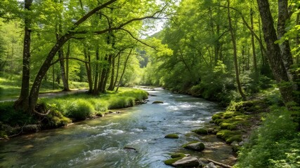 Fototapeta premium A serene river flows through a lush green forest, surrounded by vibrant trees and nature's tranquility