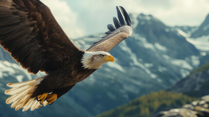 Obraz premium Majestic Eagle Soars Over Stunning Mountain Range at Sunrise