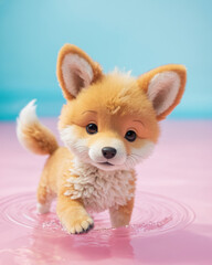 cute fluffy doll baby dingo swimming in pastel water with a chubby appearance.
