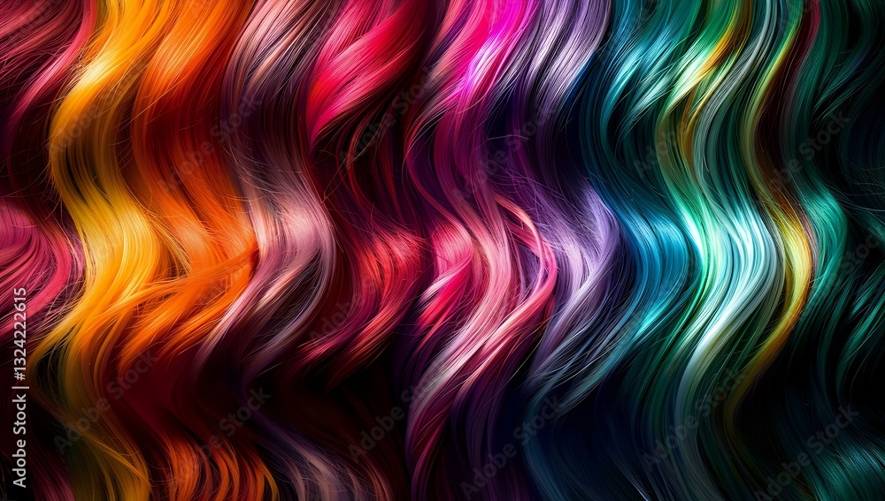 Poster vibrant wavy lines in rainbow colors flow across dark background creating dynamic abstract pattern w