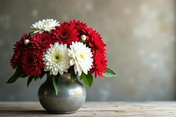 bunches of white and red chrysanthemums in a metal vase, floral, vases, autumn