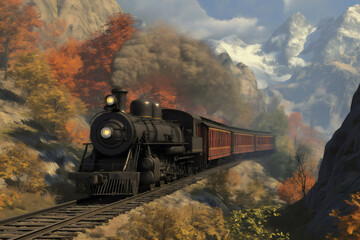 Fototapeta premium Vintage steam train is making its way through a scenic mountain valley in the fall, with colorful foliage and snow capped peaks