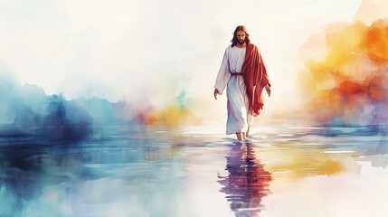 Jesus Walks on Water in Serene Watercolor Landscape