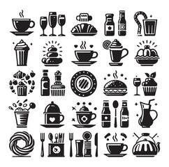 Silhouette icon set of cafe icons, restaurant icon, food and drink icon vector style on white background.