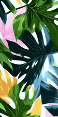 Vibrant tropical monstera leaves in green, navy blue and pink create modern botanical pattern with artistic brushstroke texture on white background.