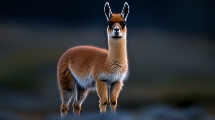 Majestic brown llama standing alert against dark moody background, soft fur illuminated by natural light, showing distinctive long neck and pointed ears.