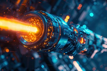 Futuristic energy weapon emitting bright plasma in a high-tech environment with glowing circuits
