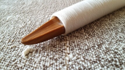 Close-up of a wooden shuttle with white thread on a textured fabric background.