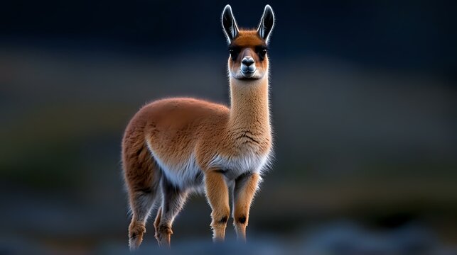 Majestic brown llama standing alert against dark moody background, soft fur illuminated by natural light, showing distinctive long neck and pointed ears. - Powered by Adobe
