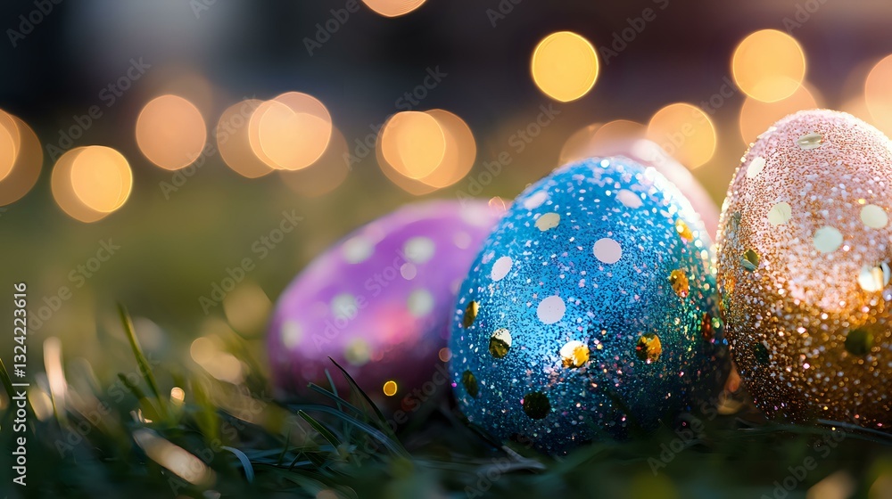Poster glittering easter eggs with polka dot patterns and sparkly decorations against blurred bokeh lights 