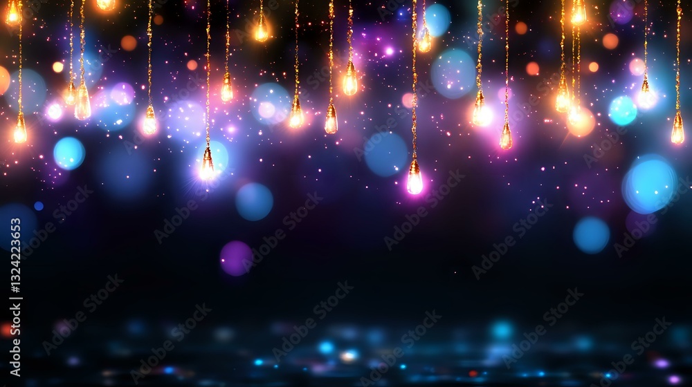 Poster magical glowing light bulbs and bokeh effects on dark background create dreamy atmosphere with blue 