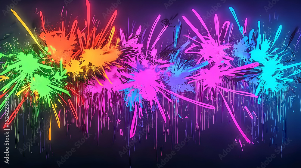 Poster vivid neon paint splatter on dark background with colorful drips and dynamic texture for abstract ar
