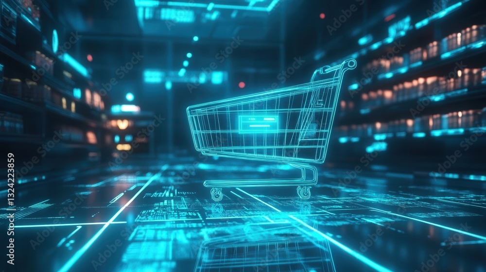 Leinwandbilder futuristic shopping cart floating in a digital space with glowing holographic interface features