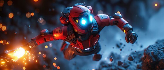 Futuristic astronaut in red suit exploring an alien landscape, surrounded by glowing debris and cosmic elements