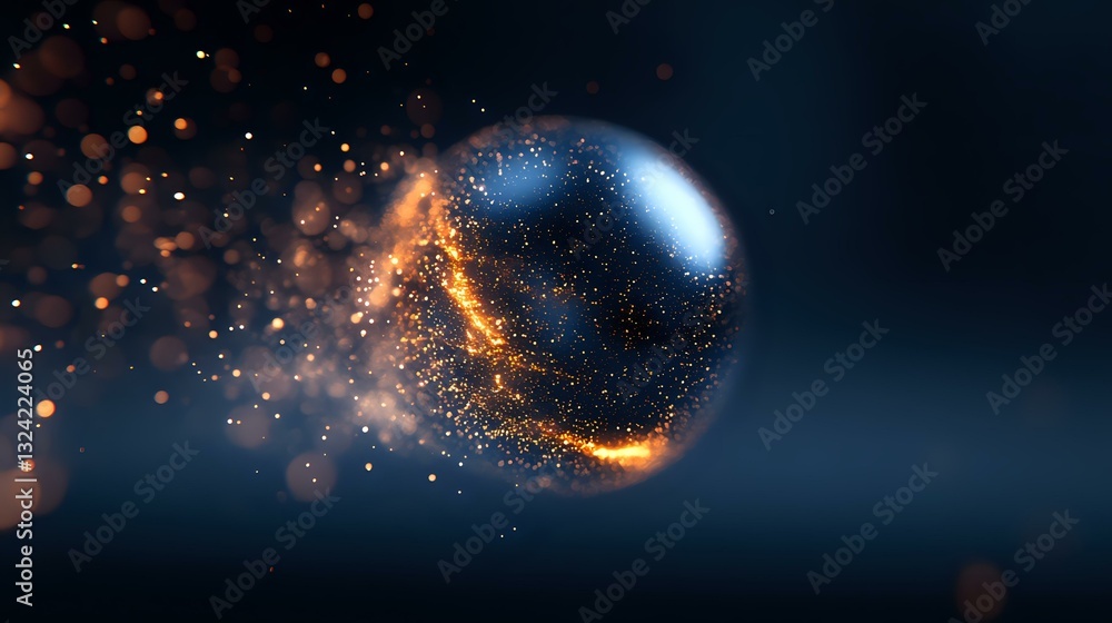 Poster glowing sphere with orange and blue particles dispersing into dark space, creating magical ethereal 