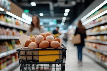 A shopper navigates through the supermarket aisle with a cart filled with eggs, illustrating the ease and lifestyle of modern grocery shopping.