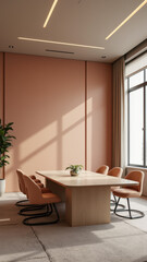 An office room with a wooden table surrounded by chairs, featuring pink acoustic wall panels and large windows letting in natural light.