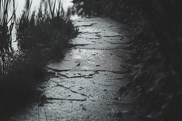 Dark moody rainy day path beside still water plants wet grey calm stone black white image nature