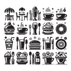 Silhouette icon set of cafe icons, restaurant icon, food and drink icon vector style on white background.
