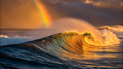 stunning wave illuminated by sunset, featuring vibrant rainbow