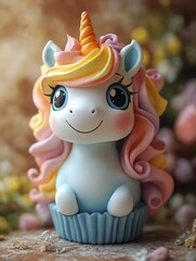Una adorable figura de unicornio con colores suaves y una expresión encantadora, ubicada en un entorno floral.
