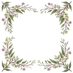 Delicate branches with small flowers and leaves, flowing from the corners of a transparent background — perfect for framing content.