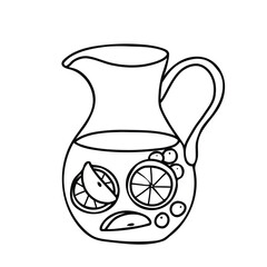 Sangria Cocktail Jug or Pitcher. Summer refreshment beverage with Orange and various Fruits and berries. Hand drawn vector illustration of Spanish drink in Doodle style isolated on white background.