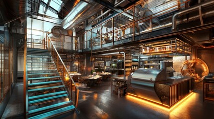 Fototapeta premium A dramatic industrial interior with a glowing staircase leading to an advanced workspace, filled with cool blue and metallic tones.