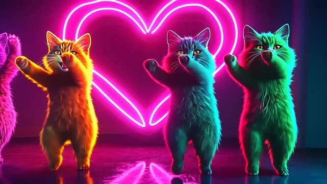 Colorful furry cats dancing joyfully in front of a neon heart.