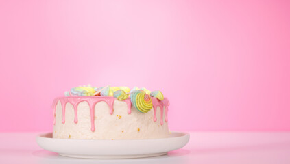 A beautifully decorated cake adorned with colorful macarons