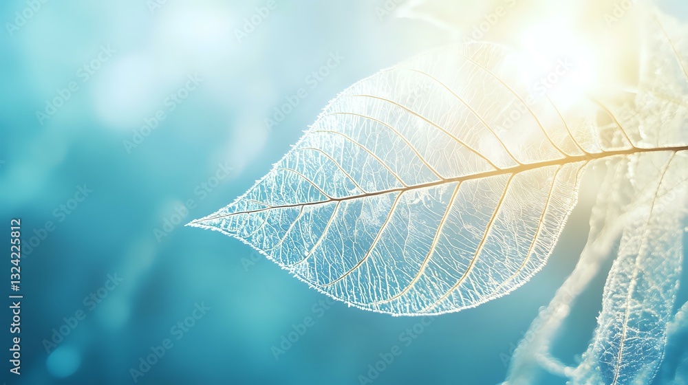 Poster delicate white skeleton leaf with intricate vein patterns against blurred turquoise background in so