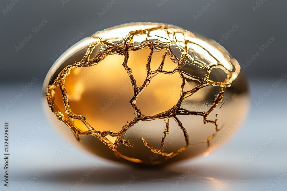 Poster cracked golden egg with intricate metallic veins creating an artistic pattern on smooth surface, glo