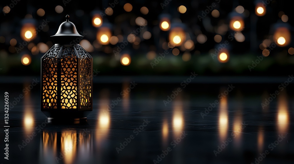 Poster glowing oriental lantern with intricate pattern creates magical atmosphere against blurred bokeh lig