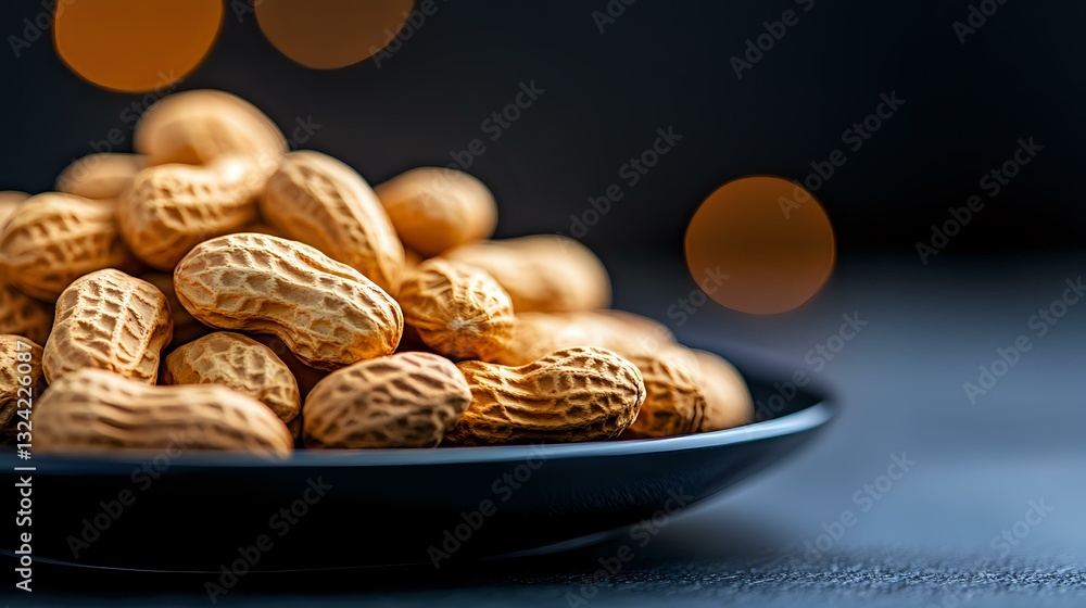 Poster fresh roasted peanuts in shell on dark plate with soft bokeh lights in background, macro food photog