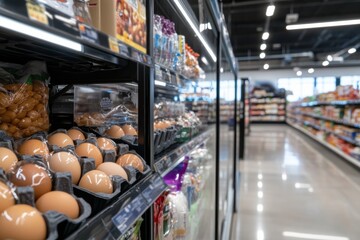 Fototapeta premium A comprehensive display of eggs in various cartons and colors neatly arranged in a spacious grocery store, representing modern shopping and food accessibility.