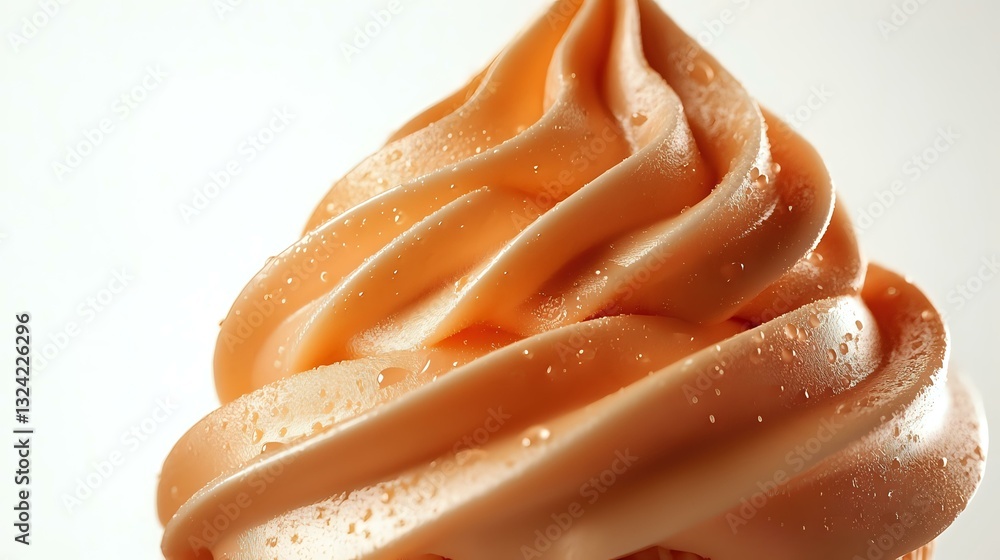 Poster creamy caramel soft serve ice cream swirl with delicate water droplets on smooth surface, macro phot