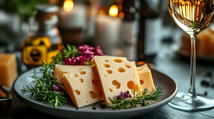 Swiss cheese slices garnished with fresh rosemary and edible flowers on dark plate, white wine glass in soft focus background, moody food photography.