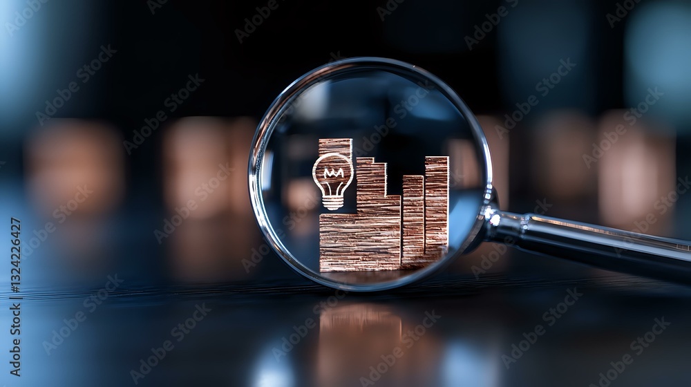 Poster financial growth chart viewed through magnifying glass on dark background showing business analytics