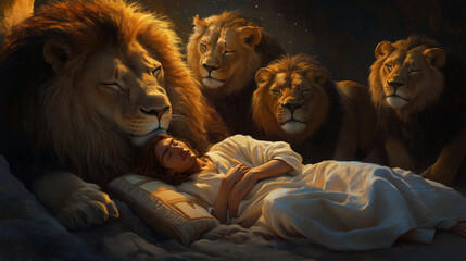 Peaceful Slumber of Daniel Surrounded by Lions at Night