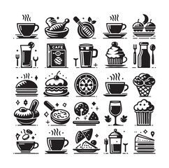Silhouette icon set of cafe icons, restaurant icon, food and drink icon vector style on white background.