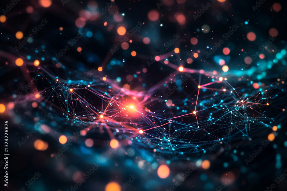 Aufkleber abstract network digital connections technology background image web red dots grid mesh data blue