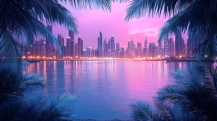 Obraz premium Coastal Cityscape Sunset Palms