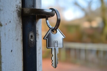Silver Key with House Keychain Hanging from Door Lock