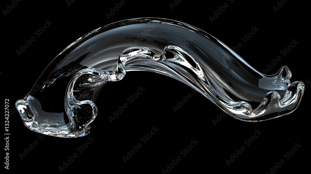 Poster a dynamic 3d glass wave with smooth curves and shimmering reflections, giving a sense of fluid motio