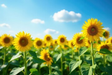 Field of tall sunflowers with varying heights and angles against the bright blue summer sky, nature, landscape